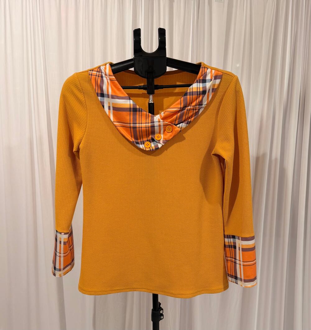 Retro Women's Mustard Yellow Plaid Cowl Neck Long Sleeve Top Size Small